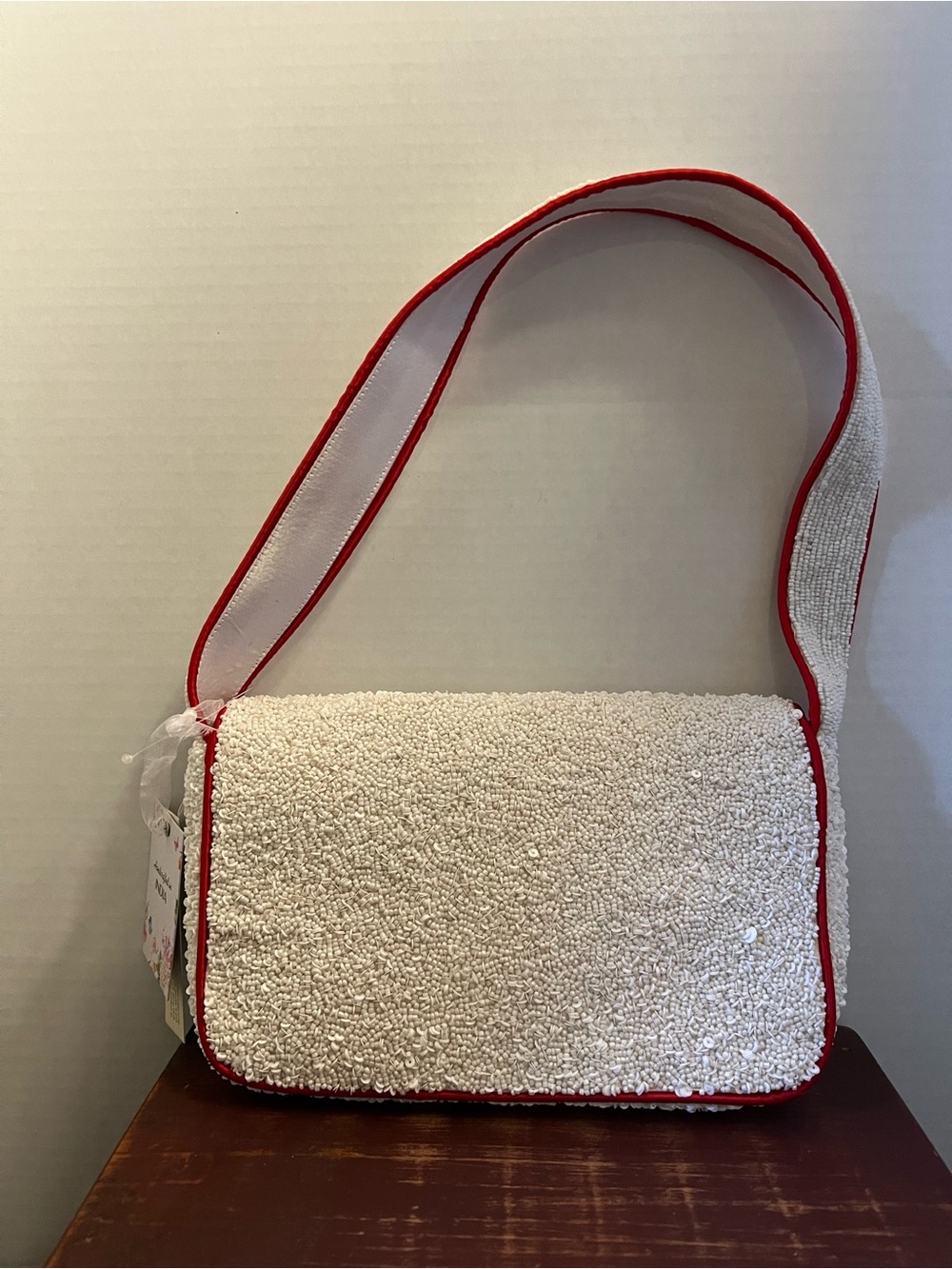 Embroidered Tomato Beaded Shoulder Bag - White & Red - Picture 2 of 5